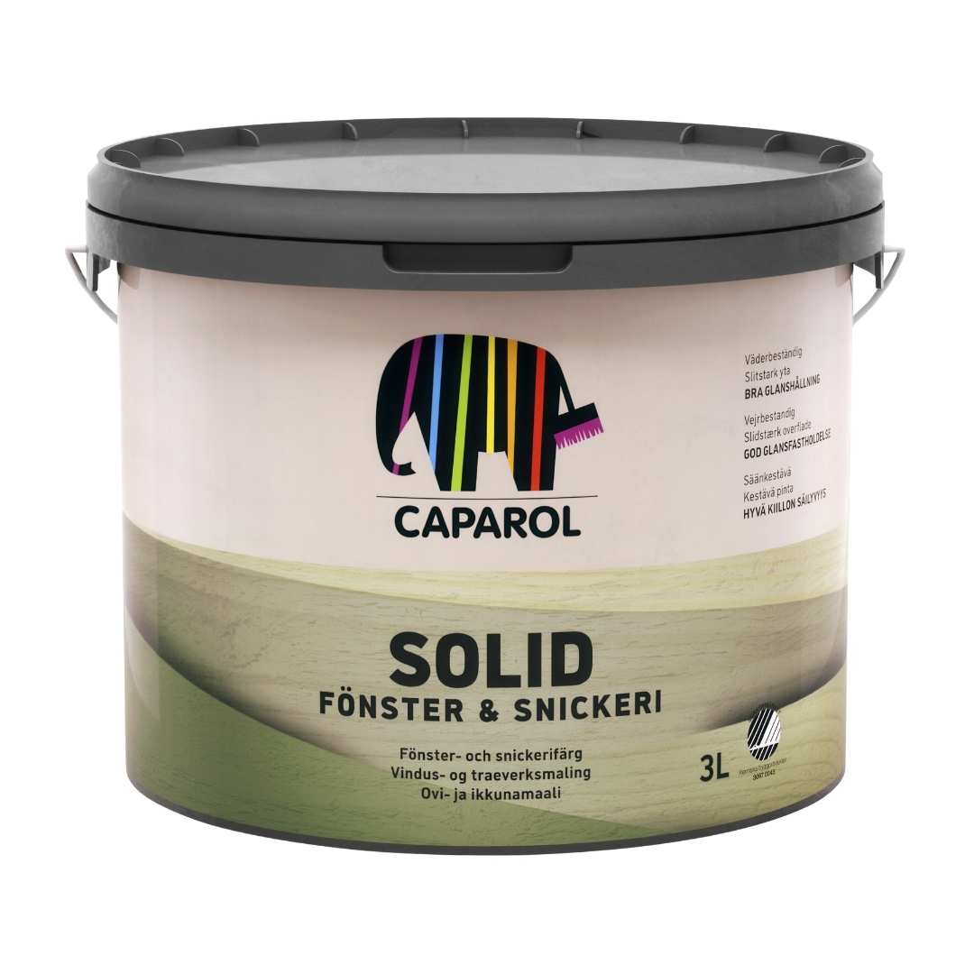 Caparol Solid Fönster & Snickeri.<br />
En vädertålig färg för fönster och dörrar utomhus.